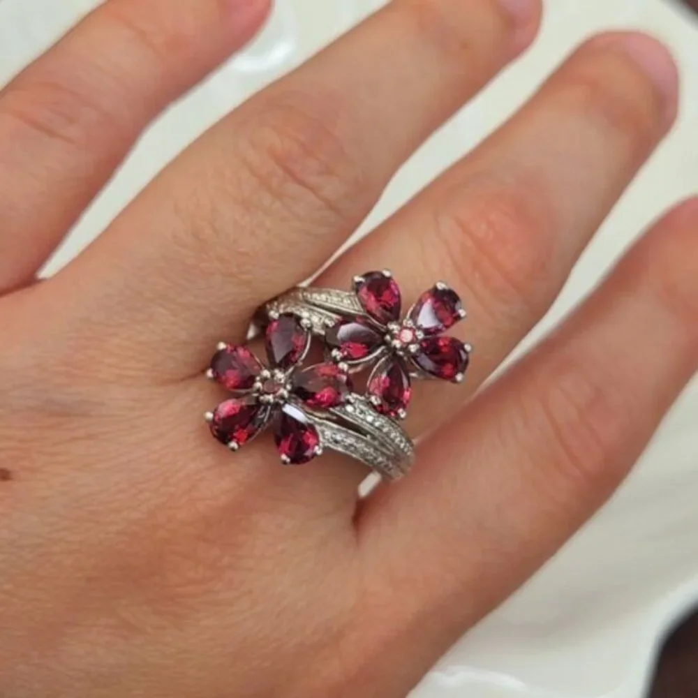 Vintage Boho Evening Sterling Silver Red Crystal Flower Cocktail Ring 7 - Picture 11 of 11